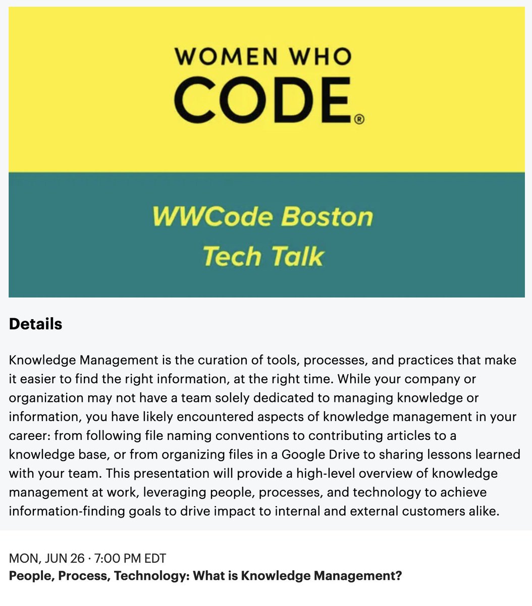 WomenWhoCode Boston Tech Talk on June 26 7pm
People, Process, Technology: What is Knowledge Management? by Christianne Beasley, MLS from <a href="/GettyImages/">Getty Images</a> 
meetup.com/women-who-code…
#womenwhocode #womenintechnology #womeninstem #WomenInTech