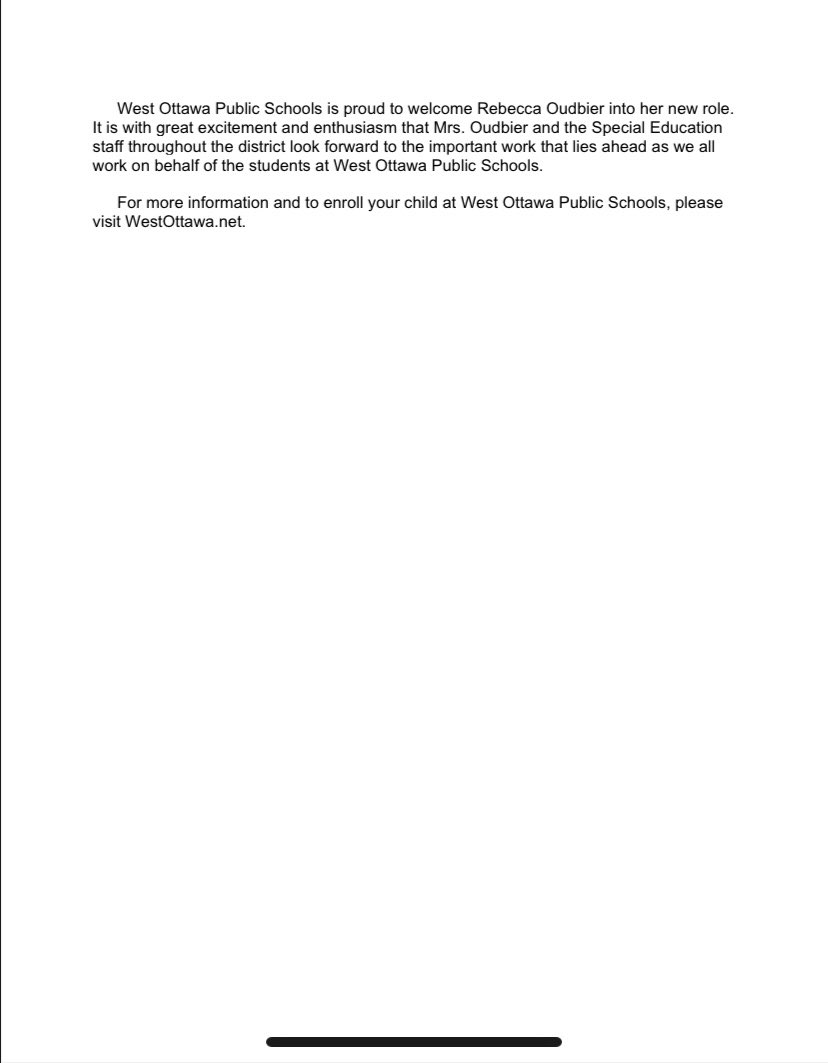 We are excited to announce the hiring of Mrs. Rebecca Oudbier as the new Special Education Director for West Ottawa Public Schools! 

#GoWO
#WeareOne