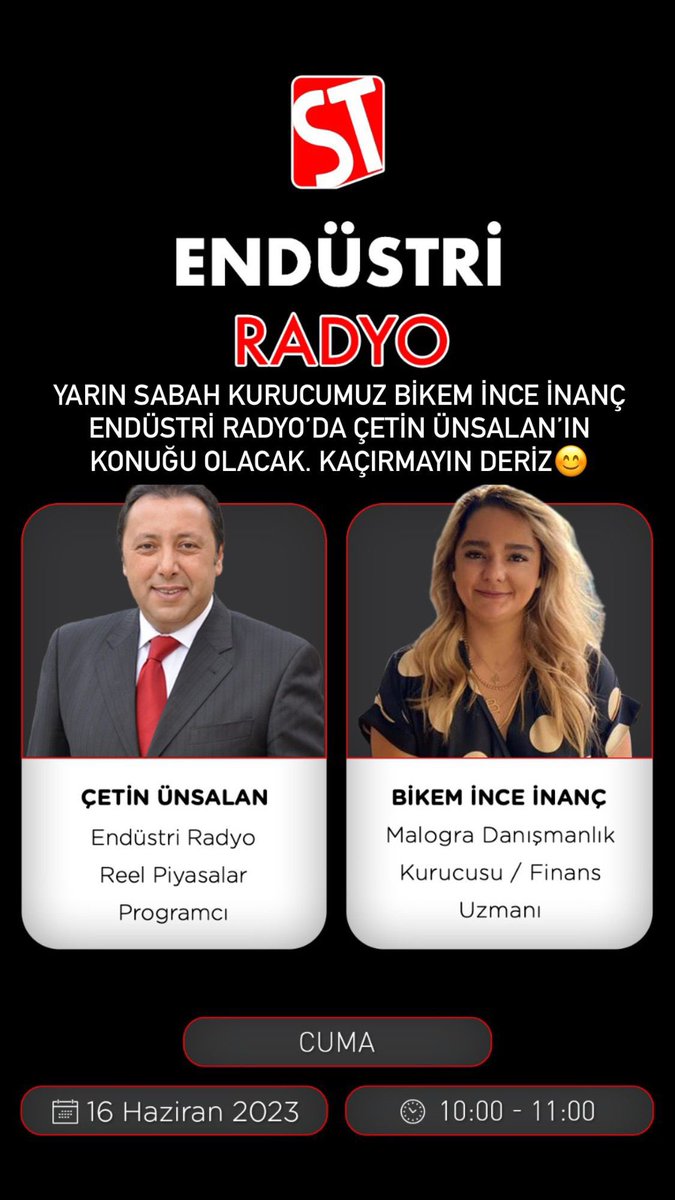 malogra_tr's tweet photo. 📣16 Haziran sabah saat 10:00'da kurucumuz Bikem İnce İnanç, Endüstri Radyo'da, Çetin Ünsalan'ın canlı yayın konuğu olacak. Sakın kaçırmayın!

📍Frekanslar;
İstanbul, Yalova: 105.8 
Kocaeli: 105.7
Ankara: 100.7
İzmir, Manisa: 102.8 
Bursa: 106.7
#malogra #finans #karlılık https://t.co/v7CJBKJzUO