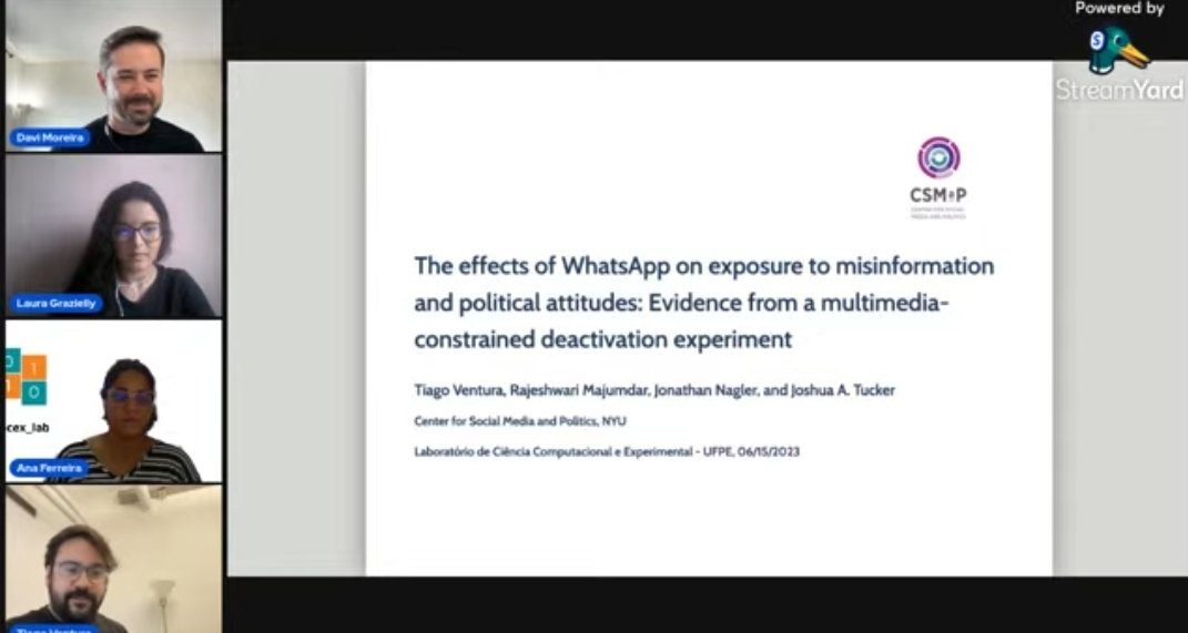 cpcex_lab's tweet photo. Hoje recebemos o Prof. Dr. Tiago Ventura (@_Tiagoventura) do @CSMaP_NYU e @McCourtSchool para o seminário The effects of WhatsApp on exposure to
misinformation and political attitudes. Obrigado @_Tiagoventura e a todos que participaram. Veja em: https://t.co/Oi9ag5myCi https://t.co/cpQvDzK3me