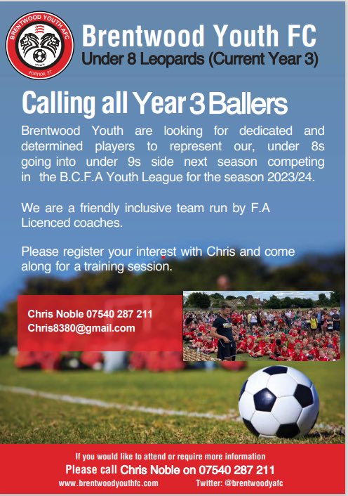 chrisnoble8380's tweet photo. BrentwoodYouth FC are recruiting at under 8s school year 3 #football #grassrootsfootball #EssexFootball #PlayerBoost #KidsFootball https://t.co/h6E3HWvF9h