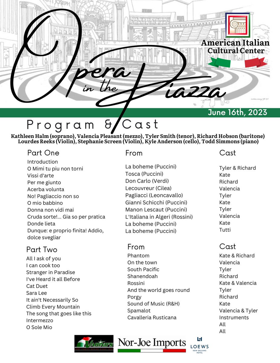 Here's a list of performers and performances for tomorrow night's Opera in the Piazza! We hope to see there! #opera #operinthepiazza #italian #italianmusic #italianopera #italianamerican #italiansinneworleans #americanitalian