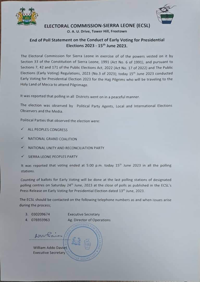 KSTAR96137679's tweet photo. Outcome of the Early votes for those who will be traveling to the holy land of Mecca, statement from ECSL and full update.
#GameChanger
#5Done5MoreToGo #SierraLeone #SLPPDelivers #5MoreYears #OneCountryOnePeople
๐๐๐๐๐๐๐ https://t.co/h2h52dMIpA