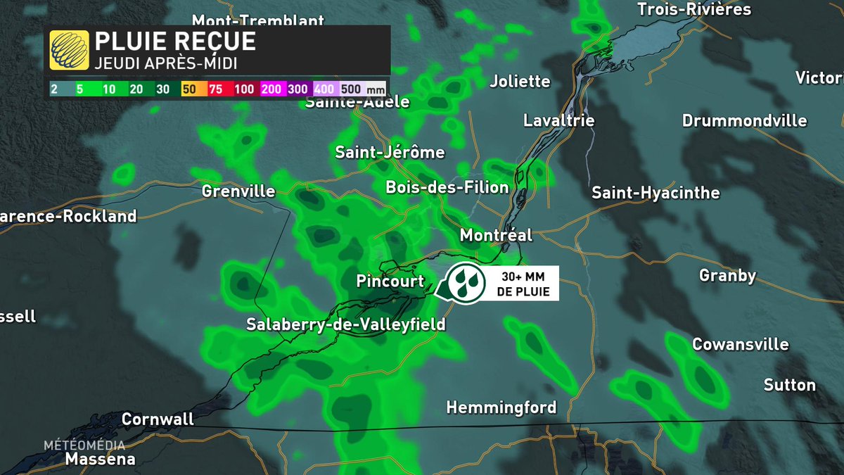 Accumulations d'eau, grêlons et rafales allant jusqu'à 85 km/h rapportés sur le sud du Québec au passage des orages cet après-midi. #mm #meteoqc