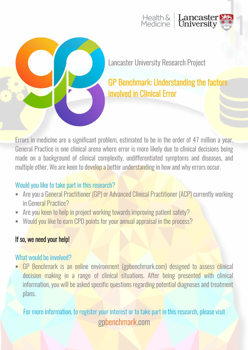 Calling all GPs and ACPs in the UK! 

Help improve clinical safety, education and  patient care by participating in my PhD research project at gpbenchmark.com.
The project aims to understand clinical decision making through interactive simulations
#GPs #ACPs #research