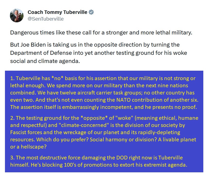 MontyBoa99's tweet photo. @SenTuberville Tommy Tuberville has a lot of nerve trying to claim that President Biden is harming the Dept of Defense when:

1. He has no proof to back his claim (which means it can and should be ignored).

2. That's exactly what *he's* doing.

#StopTheExtortion
#IgnoreTheProjection https://t.co/maA9rx1nAS