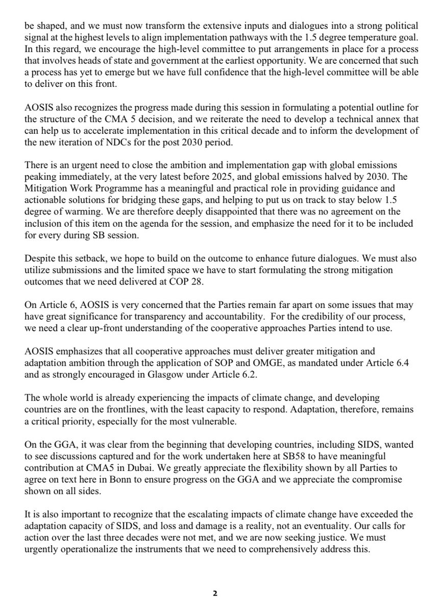 AOSISChair's tweet photo. CLOSING STATEMENT #SB58:
@AOSISChair approached this session with urgency to course correct, and ensure we do not further compromise the future of our vulnerable island nations. 

Therefore, we are shocked by the lack of momentum, stagnation, even regression at the session.
🧵 https://t.co/lDJzzL1Web