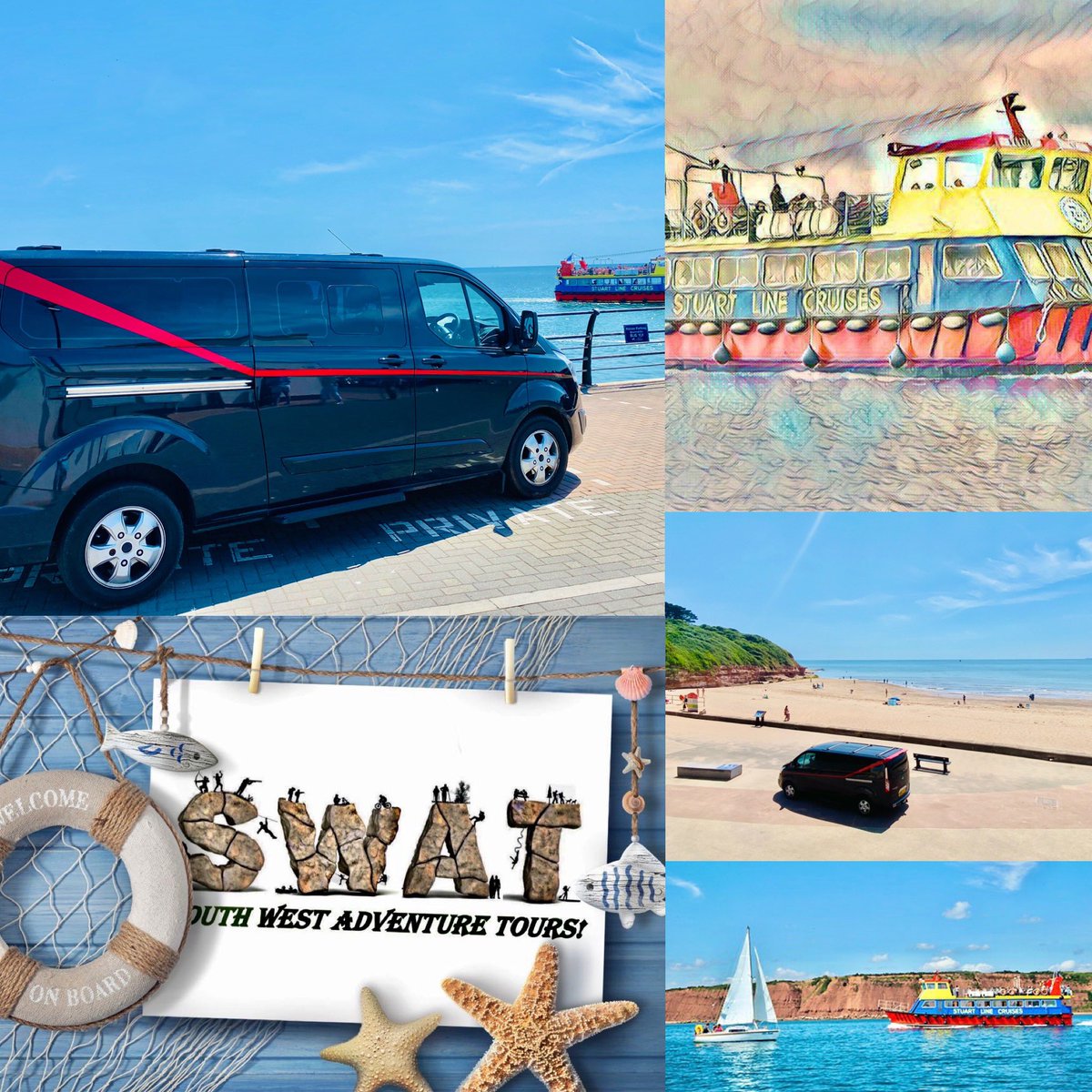 6 happy tourists transported to sunny Exmouth to join Stuart Line Cruises for a cruise along the famous Jurasic Coast..

Bright sunshine and clear blue skies! 😎