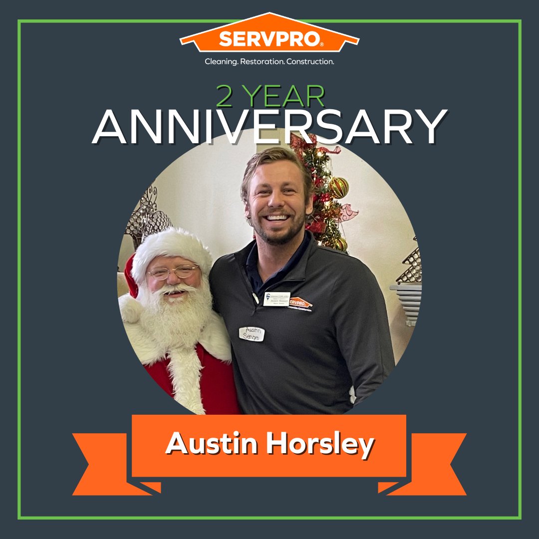 Two years of greatness with Austin Horsley! 🎉 As a Servpro Marketing Rep and Commercial Project Manager, Austin has shown exceptional dedication and skill. Here's to many more years of success together!