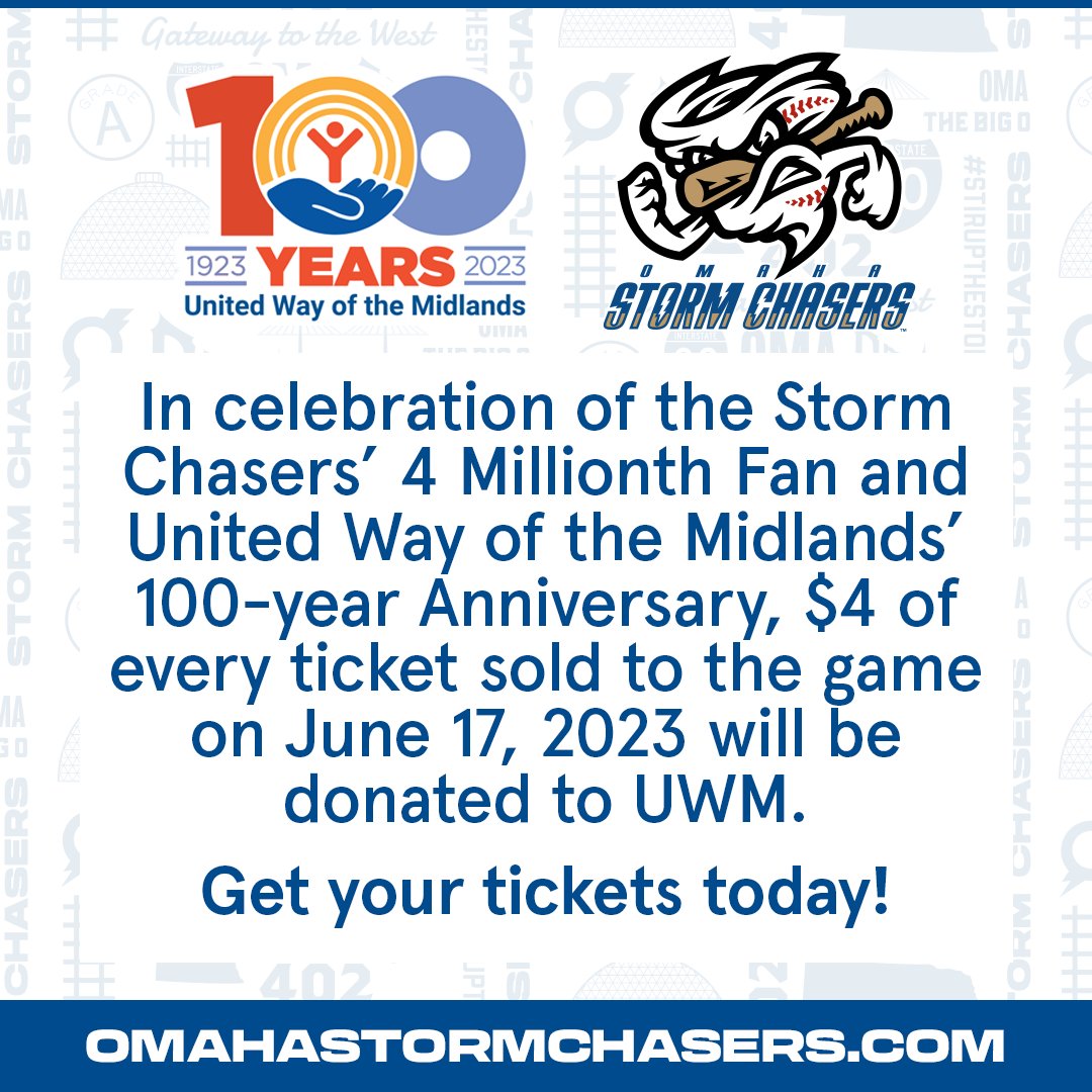 Omaha Storm Chasers on X: This Saturday, in celebration of our 4 Millionth  Fan and @UnitedWayOmaha's 100 year Anniversary, $4 of every ticket sold to  our game will be donated to United