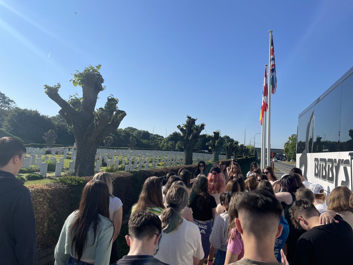 AHSSocSubs's tweet photo. Day 3: Our final day for the 10th Arbroath Pals Battalion. 

First to Essex Farm, then Vancouver Corner to pay our respects to the brave Canadians who faced gas attacks. 

Poelkapelle Cemetery was next, where we each honoured an unknown soldier with a poppy. A somber moment 1/2 https://t.co/nj5WrmsU39