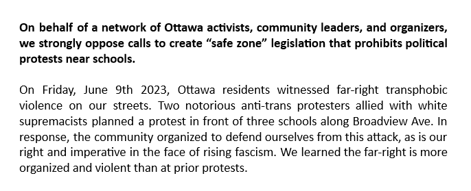 CommunitySolid2's tweet photo. Emily Quail and Community Solidarity Ottawa would like to issue the attached statement regarding calls for "safe zone" legislation that would legally prohibit protests near schools (1/3) https://t.co/ujTD15btsO