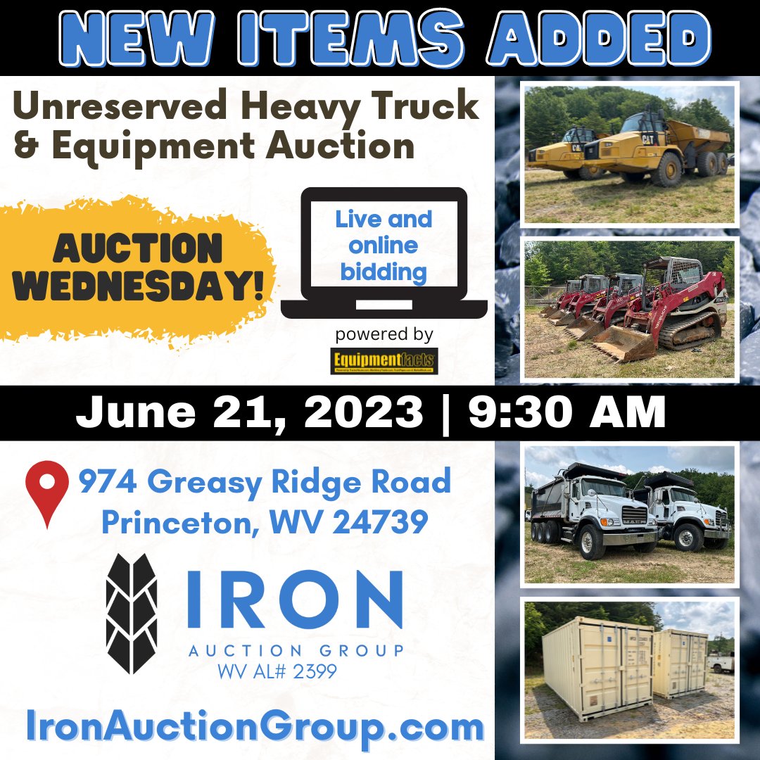 Auction Next Week!
Wednesday, June 21, 2023
9:30 AM EST
974 Greasy Ridge Road, Princeton, WV
See auction items here: bit.ly/3IDU0Jm
#caterpillar #heavyequipment #dumptrucks #equipmentauction #komatsu #kubota #truckauction #tractors #dozers