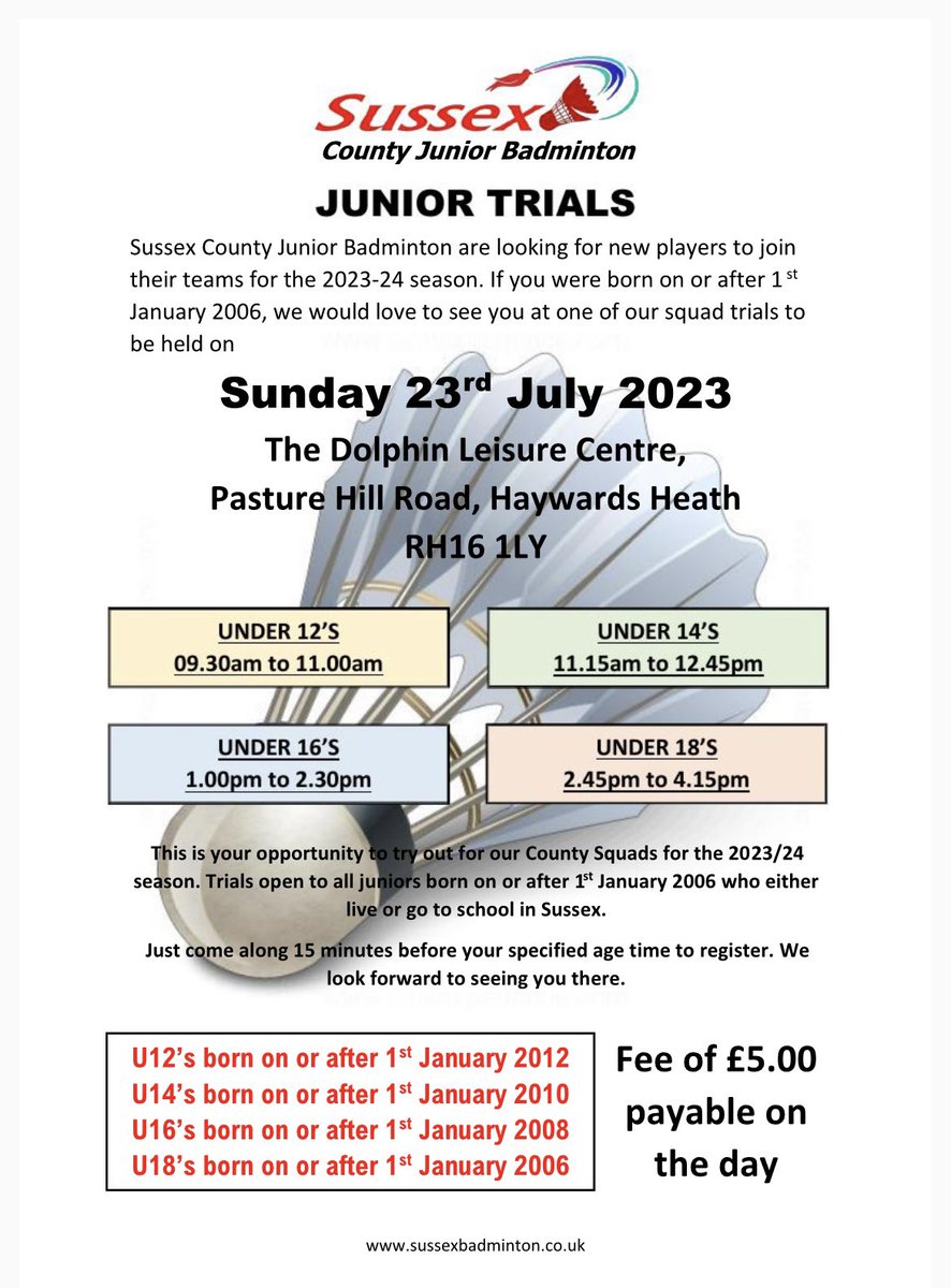 Sussex County badminton squad trials for the 2023-24 season are taking place on Sunday 23rd July - U12, U14, U16 & U18🏸👇🏼 #sussexbadminton #squadtrials #gosbts #juniorcountybadminton