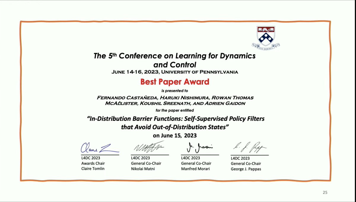 imp_aa's tweet photo. Super excited that our latest work received the Best Paper Award at #L4DC! Listen to Fernando's oral presentation tomorrow afternoon if you're attending, who delivered the awesome work during his internship last year at TRI. As his mentor, it's such a great honor for me too! https://t.co/MxbmvicipI