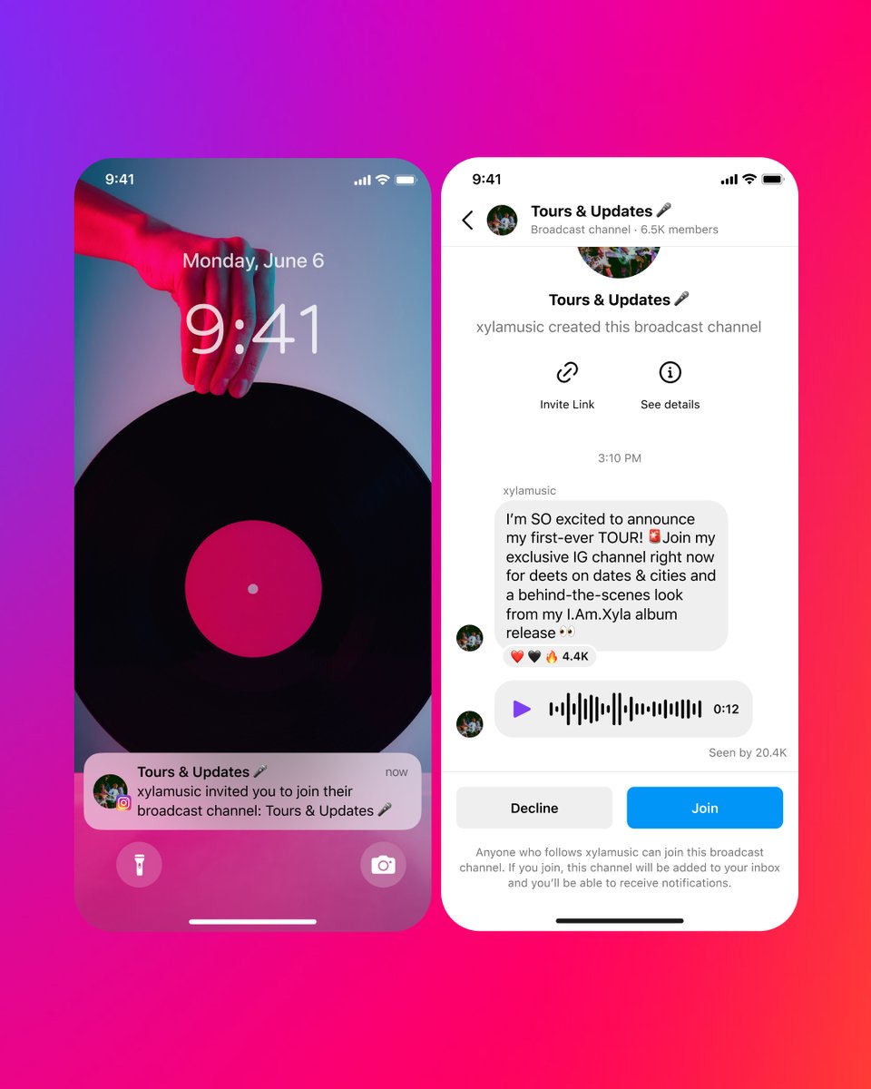 Broadcast channels, powered by @messenger, rolls out to @instagram creators globally today. Love seeing the creator<>fan interactions this new format opens up!