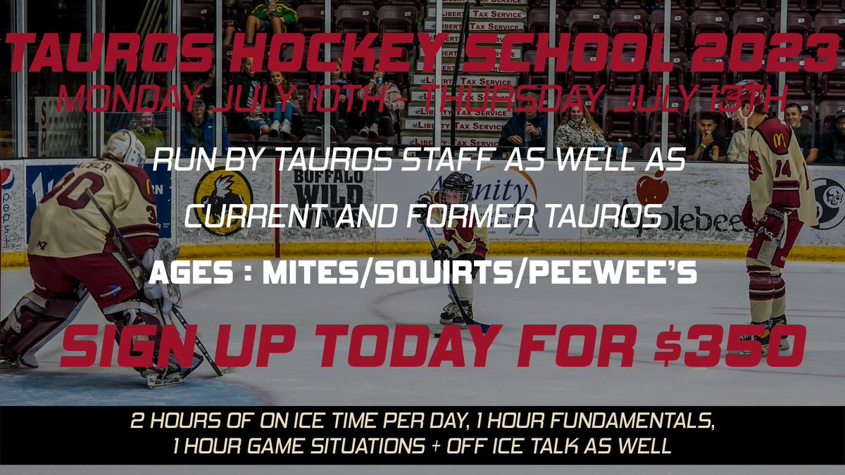 Attention Mites, Squirts, and Peewees register for Tauros Hockey School July 10-13 with the Tauros coaching staff, current players Trevor Stachowiak and Weston Knox, and alum Colby Joseph!  

Register Now: minotauroshockey.com/tauros-hockey-…