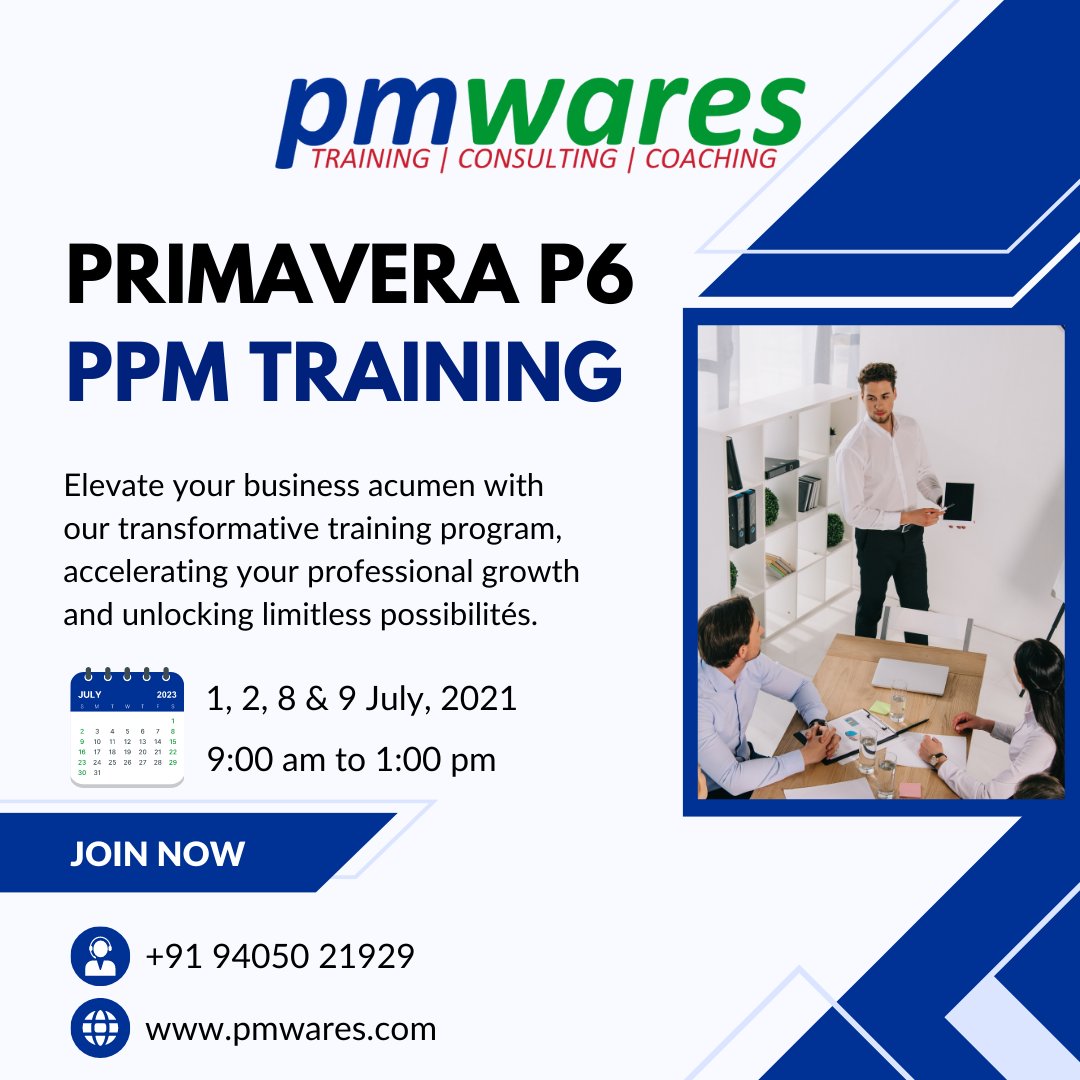 Don't let project delays and overruns hold you back. Our Primavera P6 PPM training empowers you to manage complex projects with ease and efficiency. Join us today and take control of your projects. 
.
.
.
#ProjectEfficiency #PerformanceManagement #PrimaveraP6 #projectmanagement