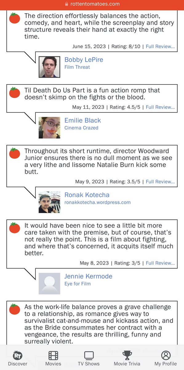 natalieburn01's tweet image. 5 Fresh 🍅 reviews on Rotten Tomatoes. We are 💯 Now 🤩 WOW Thank you guys 🤗🥳🌺❤️ #tildeathdouspart @Cineverse_ent @JeffreyaReddick @OfficialTimWjr @Elmberry31Chad @RottenTomatoes @IMDb @AMCTheatres @FilmThreat @cinemacrazed @EyeForFilm @ronakkotecha @AntBit