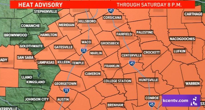 Two big things this evening: A Tornado Watch has been issued for pretty much all  Central Texas counties until 10 p.m.

Our Heat Advisory has also been extended one day further and we will now be under this alert until Saturday night.
