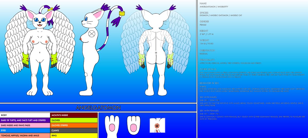 Digi_4_InHeat's tweet photo. My Digisonas Reference Sheets...  

AngelGatomon ♂️ (AngelGato) 
AngelGatomon ♀️ (AngelKitty) 
Foxy the Dorumon (FoxyCutie) 
Chica the Piyomon (ChicaCutie) https://t.co/Hu9h99kFqq