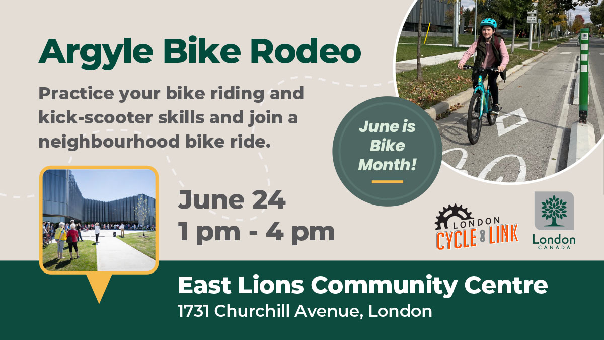 Learn to ride a bike, practice your skills, and join a neighbourhood bike ride. 

We are co-hosting a Bike Rodeo event with <a href="/LdnCycleLink/">London Cycle Link</a> on June 24 at East Lions Community Centre.

bit.ly/3CPjVL7

#LdnOnt | #LdnBikeMonth | #LdnOntBike