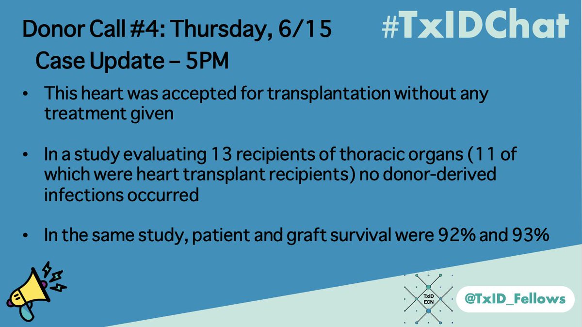 1/
#TxIDChat - Thursday, 6/15 Case #4
5PM UPDATE: Resolution & Pearls 

This case: the heart was accepted & recipient did not receive any treatment.

Study referenced by @emilymeich @camwolfe et al in @TheJHLT published June 2022
buff.ly/3N6p0TK