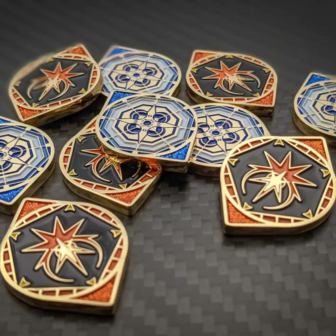 LuxuryPlaystyle's tweet photo. A golden, vivid, eye-catching design, representing two tokens in one! Our Rile & Resist tokens are definitely crowd favorites within the KeyForge community.
https://t.co/1DsXTpVrIg
#golden #luxury #token #Accessories #Keyforge #windsofexchange #gaming #gamenight https://t.co/6iLTaLEBqM