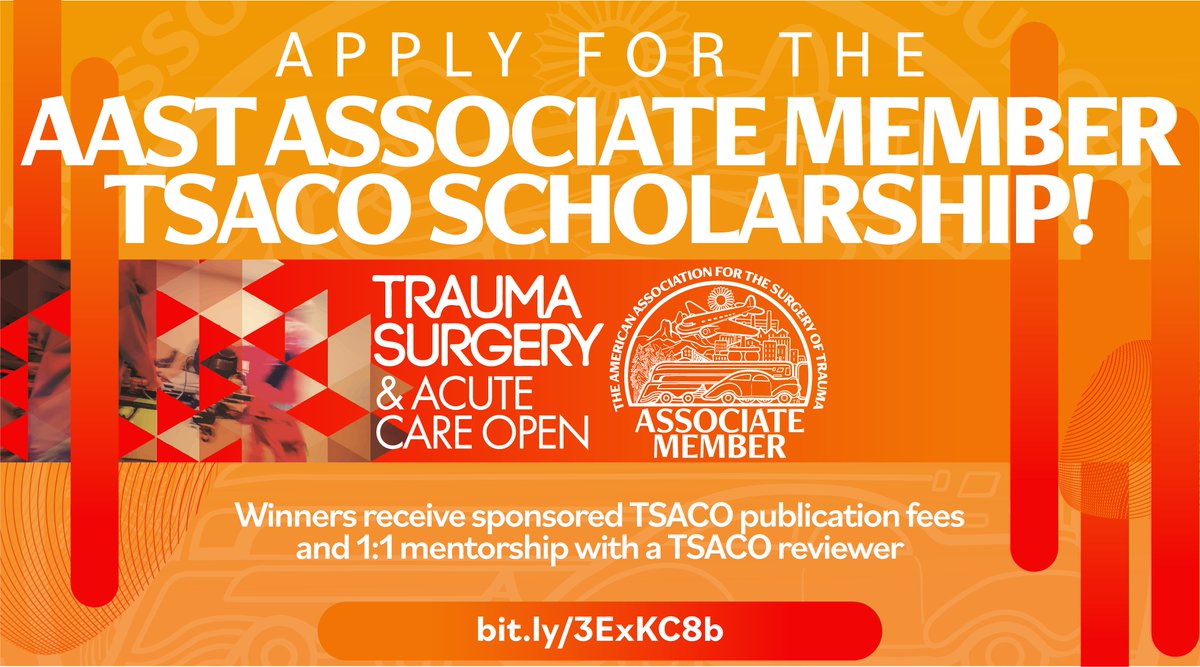Calling all Associate Members 📣

Apply for the AAST Associate Member @TSACO_AAST award!

Your publication fees will be covered & you will have a 1:1 coaching session with a TSACO reviewer!

Apply here: aast.org/associate-memb…

#TraumaSurg #SurgTwitter #MedEd #SoMe4Surgery #MedEd
