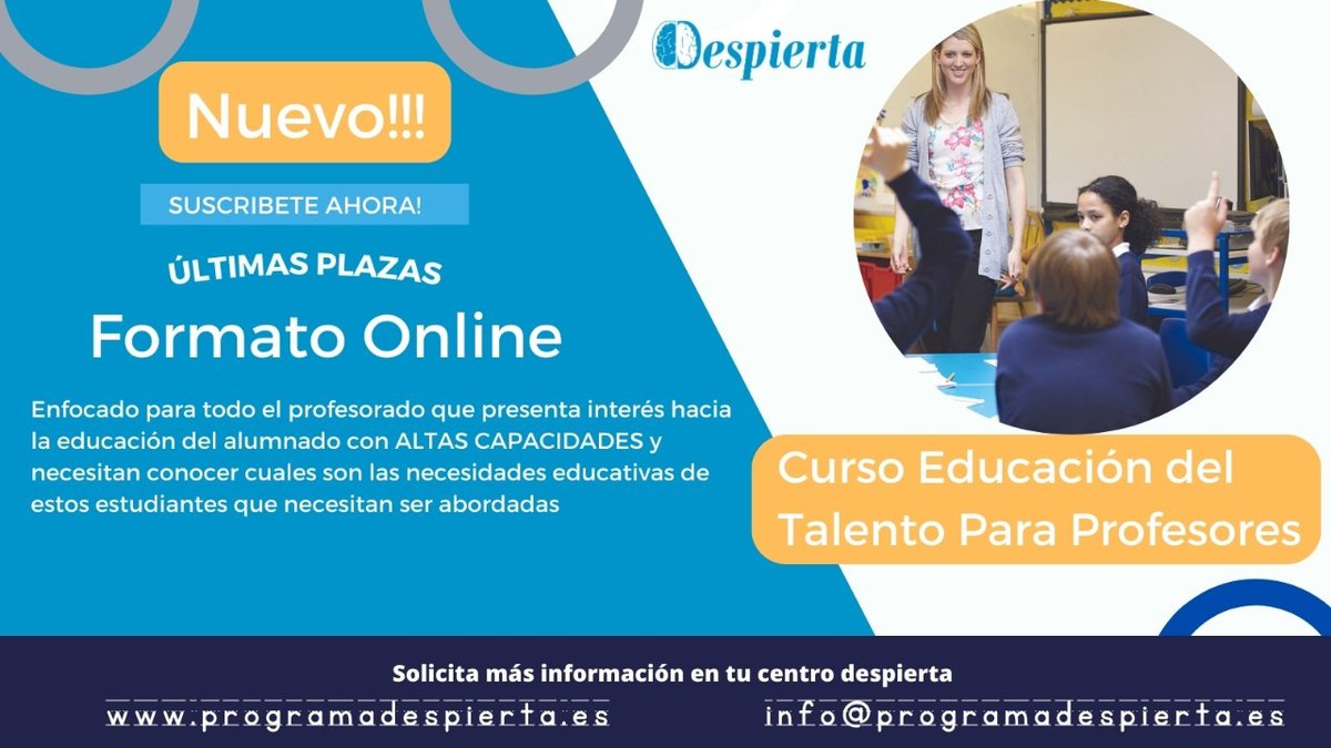 aacc_despierta's tweet photo. ¡Atención profesorado! 🎓👩🏫 Te invitamos a participar en nuestro curso "Educación del Talento". 🚀📚
Si deseas más información:
📧 info@programadespierta.es
📞 678 400 000
🌐 https://t.co/ZC7GCxpD4Q

#EducaciónDelTalento #Profesorado #descubretupotencial #altascapacidades https://t.co/kQwSSlTa8N