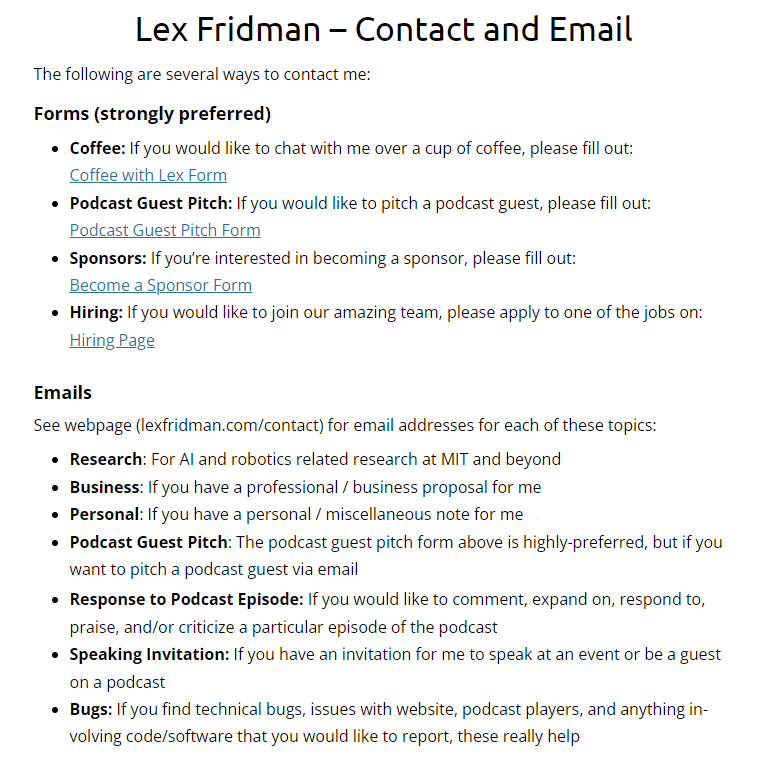 lexfridman's tweet image. I've completely dropped the ball on reading emails, so in an attempt to somewhat recover I set up a contact page. If you'd like to get in touch with me: to be a guest on podcast, to work with me, to sponsor podcast, to have a coffee, etc, please go to: lexfridman.com/contact
