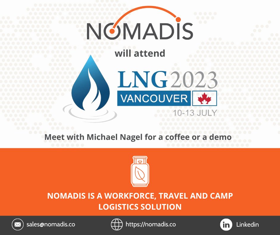 Come and discuss workforce logistics with Michael Nagel at LNG Vancouver 2023, from July 10 to July 13!  

Contact us at sales@nomadis.co or directly on Linkedin for a meeting.

#Nomadis #WorkforceLogistics #LNG