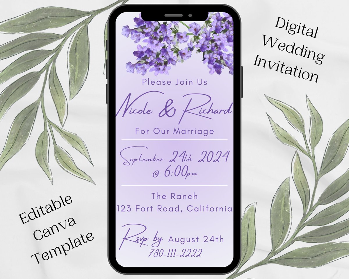 Excited to share the latest addition to my #etsy shop: Lavender Digital Wedding Invitation, Electronic Invite, Editable Canva Template etsy.me/3PfYeLj #purple #wedding #white #classic #lavenderwedding #digitalinvitation #electronicinvite #canvatemplate #purplef