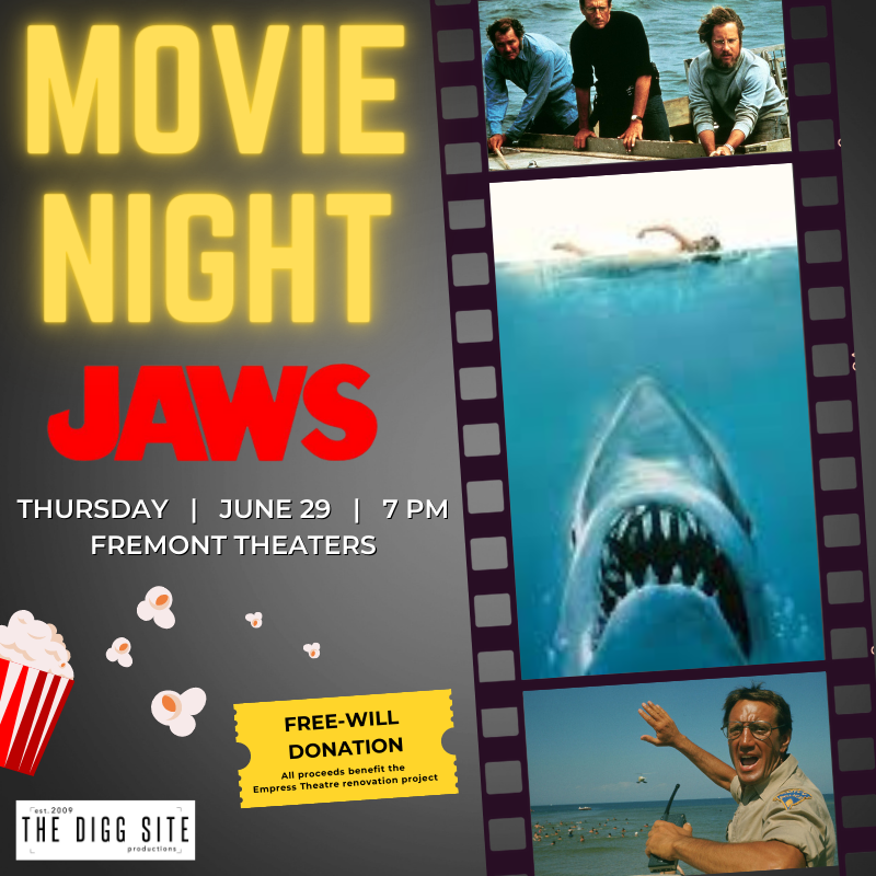 TheDiggSite's tweet photo. Looking 👀 for a little suspense this summer? Join us as we come together to watch this month’s movie “JAWS” 🦈 at 7pm on June 29th at Fremont Theaters. This 1975 thriller directed by Steven Spielberg is sure to keep you on the edge of your seat. 

#jaws #summer #movie #diggsite https://t.co/pKd4RTQKdZ