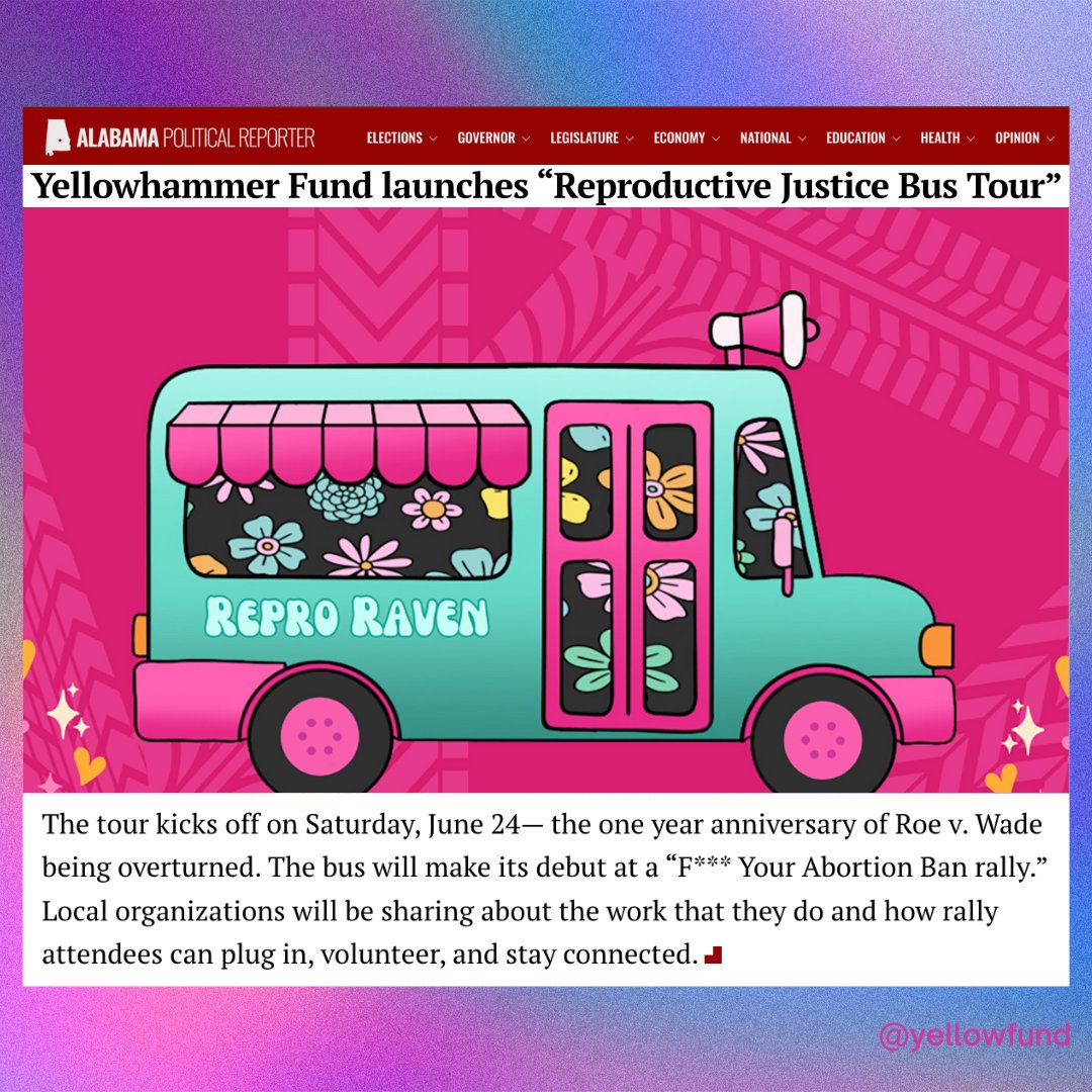 YellowFund's tweet photo. Big thanks to @ALReporter for covering our Summer Bus Tour!
The F*** Your Abortion Ban rally / Bus Tour Kickoff is only 9 DAYS AWAY y’all!!! It’s also the one year anniversary of SCOTUS overturning Roe v Wade and nearly 50 yrs of legal abortion in the US https://t.co/J54xwq1rTJ