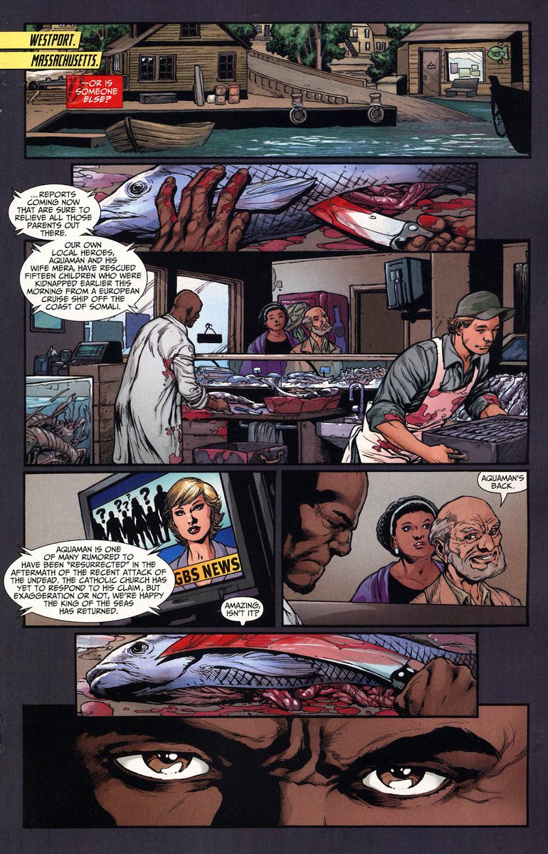DC_moments's tweet image. After Aquaman's death, Black Manta retired from villainy and took up a job at a fish market.

Upon learning Aquaman came back to life, Manta immediately slaughtered his customers (and a co-worker), burned his own house down, and put on his Black Manta suit.

(2010)