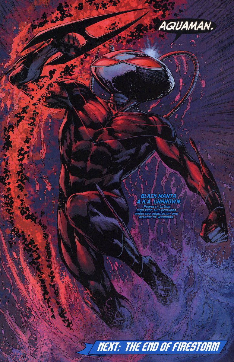 DC_moments's tweet image. After Aquaman's death, Black Manta retired from villainy and took up a job at a fish market.

Upon learning Aquaman came back to life, Manta immediately slaughtered his customers (and a co-worker), burned his own house down, and put on his Black Manta suit.

(2010)