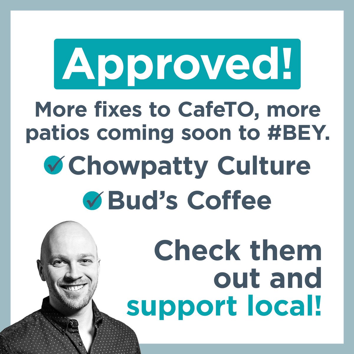 It’s patio season in #Toronto, and our small businesses should not be left hanging.

Today at Council, I was proud to stand up for #BEY faves Chowpatty Culture and @budscoffeebar to ensure they are able to take part in CafeTO this summer. 

Patios coming soon - check ‘em out!