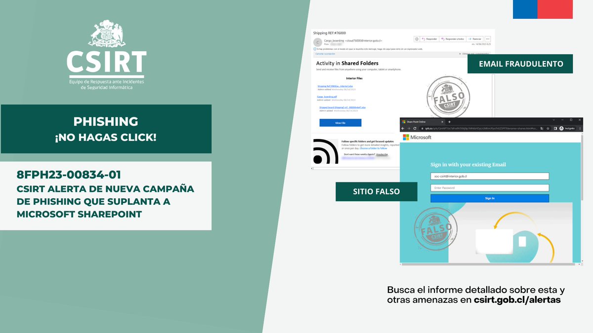 ANCIChile's tweet image. 🎣 ¡#NoHagasClick! Cuidado con esta campaña de #phishing que suplanta a #MicrosoftSharePoint. Más información aquí: csirt.gob.cl/alertas/8fph23… #ciberseguridad #CSIRTGob @subseinterior