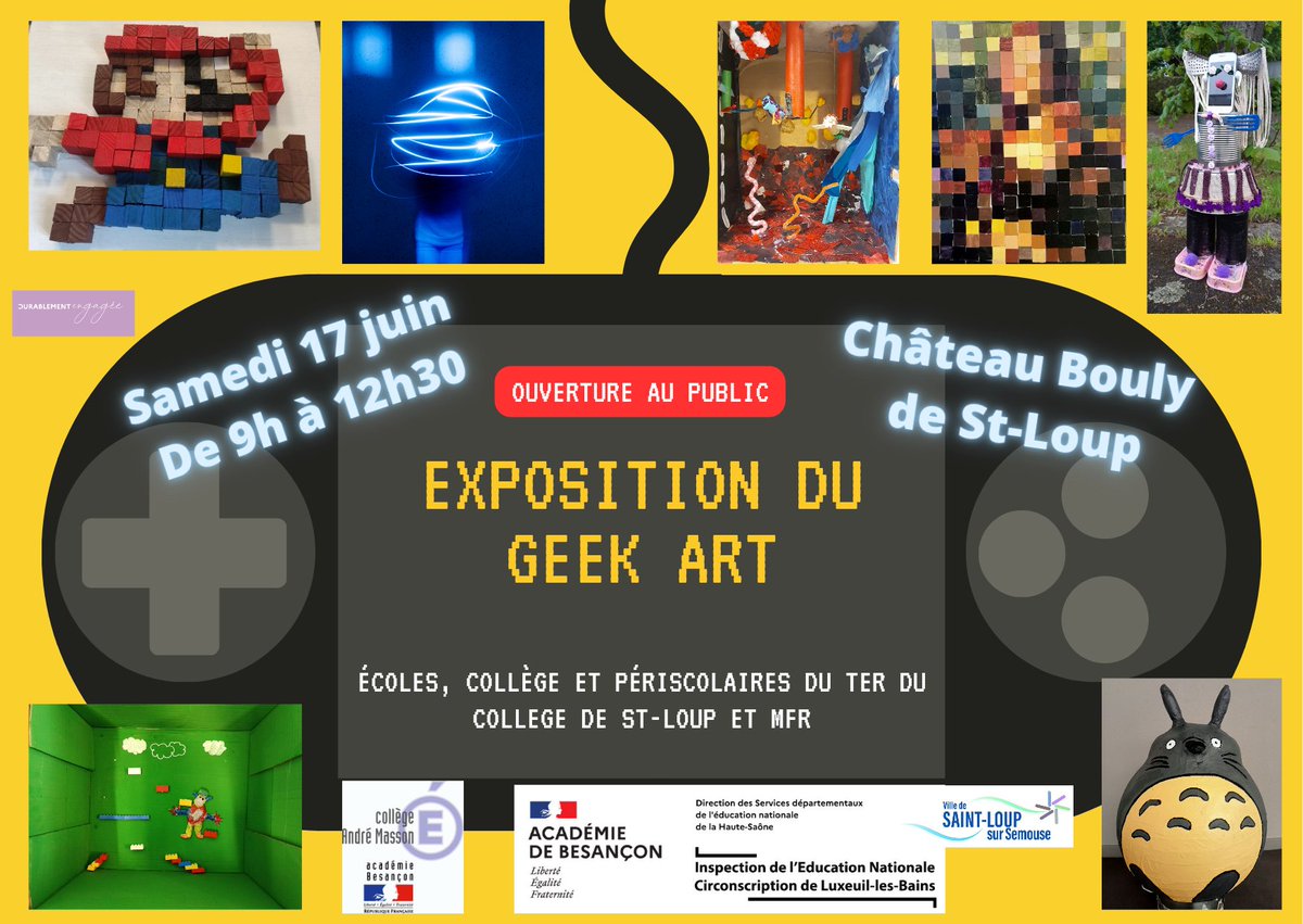 L'Initiative du #REP devenue  #TER 😊
Les enseignants, élèves et animateurs se  sont, encore cette année, imprégnés par le thème:  #GEEKART et vous accueilleront samedi matin après le vernissage de demain. 
#PEAC #Valorisation #Creation