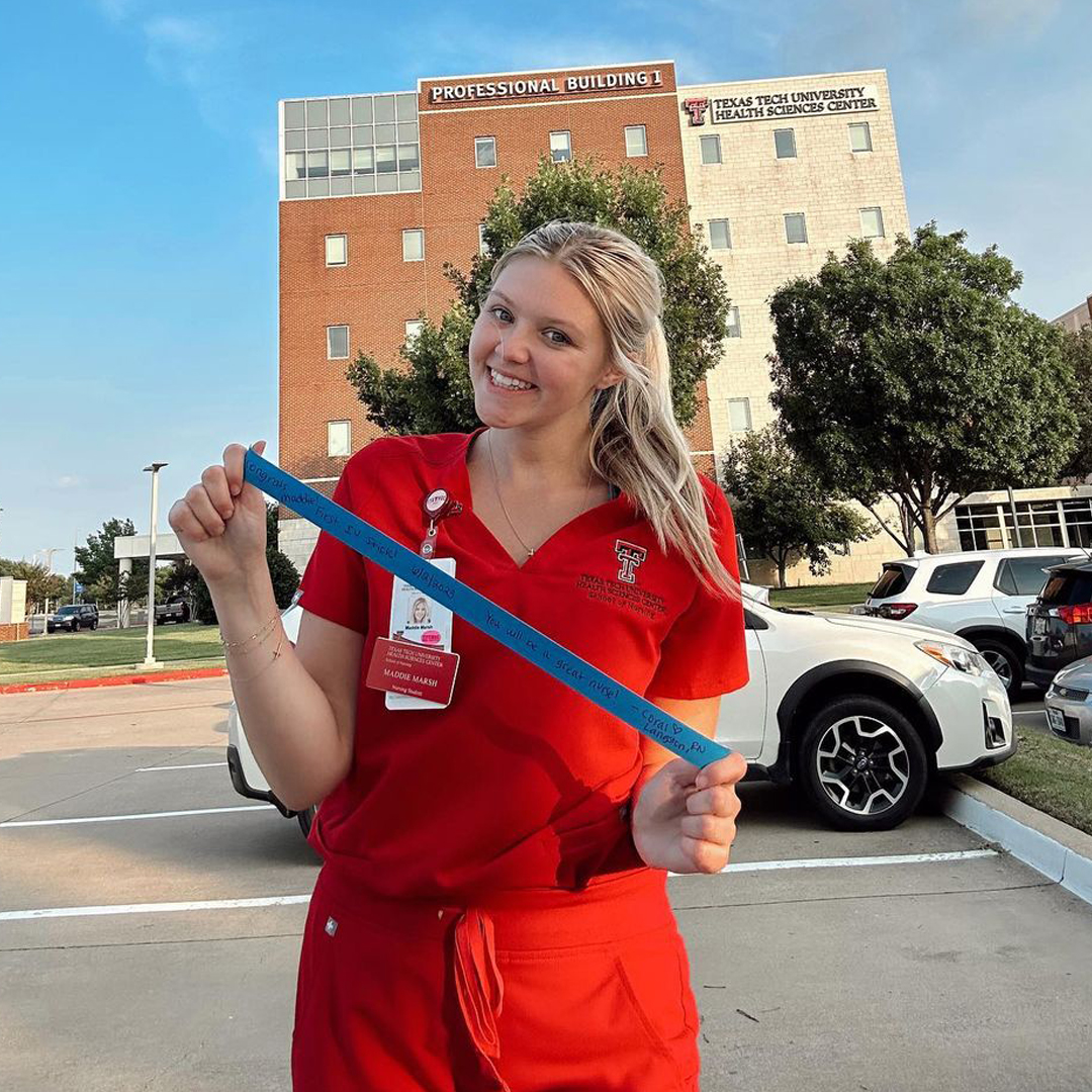 TTUHSC's tweet photo. “need an IV !? I’m your girl !! 💉🩸 #firststick” Posing for a photo with the tourniquet from their #FirstIV start is something of a tradition for nursing students like Maddie at the #Mansfield teaching site, and many other @ttuhscson students. #RedRaiderNurse https://t.co/URhsYH25jY