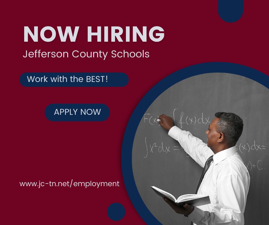 Jefferson County Schools is hiring a math teacher at Jefferson County High School.  Please click on the link below to view the job posting and to apply: jcschoolstn.tedk12.com/hire/ViewJob.a…