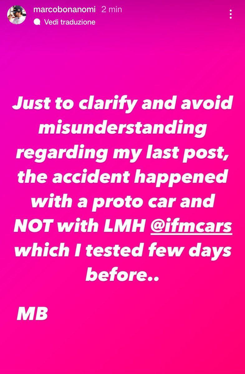 Our test driver @MarcoBonanomi had a crash last week in a test. 
To avoid misunderstandings he clarified today in an Instagram story that it happened with another car and not with our #IsottaFraschini #Tipo6Competizione in Motorland Aragon.