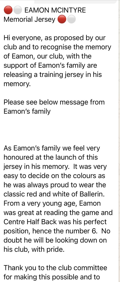 ballerin_gac's tweet photo. 🔴⚪️ EAMON MCINTYRE Memorial Jersey 🔴⚪️

Hi everyone, as proposed by our club and to recognise the memory of Eamon, our club, with the support of Eamon’s family are releasing a training jersey in his memory. 

https://t.co/iCs1eEfDhj

🔴⚪️🔴⚪️ https://t.co/ufjdeaFJcV