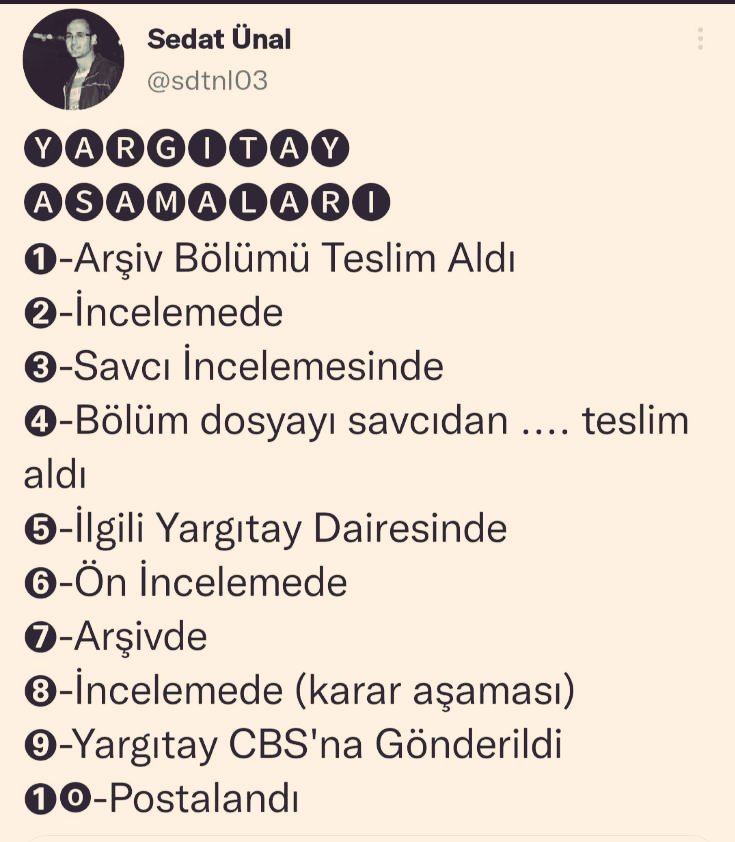 A_Fettah_Sahin's tweet photo. BİR CEZA DAVASININ KANUN YOLLARINDAKİ TÜM AŞAMALARINI

açık, net bir şekilde anlatan bir flood hazırlamış @sdtnl03  istifadenize sunuyorum.

🛑Burası çok önemli🛑
Diğer taraftan özellikle 7. aşamadan sonra Yargıtay Dosya Sorgulama işlemlerini lütfen E-Devlet ekranından yapmayı bırakın!
Farkında olmadan Yargıtay kararının verildiğini E-devlet üzerinde görerek Anayasa Mahkemesi için 30 günlük başvuru süresini başlatıyorsunuz. AYM bu durumu aleyhe kullanarak süre yönünden kabul edilmezlik kararları veriyor ve ilgilinin hem AYM hem de AİHM yollarını kapatmış oluyor.

Avukatınızın işini zorlaştırmayın. Özellikle de içerdeki yakınlarınızın AYM/AİHM nezdinde hak arama yollarını kapamayın.

Lütfen 7. aşamadan sonra kontrolleri şu linki kullanarak yapın.

https://t.co/ErVAFySnGT…