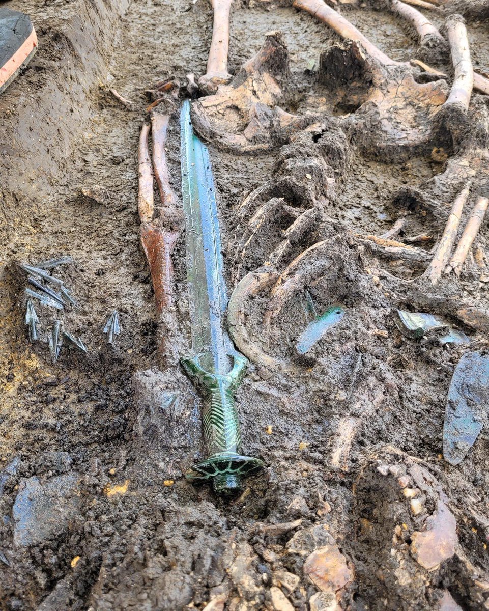 AliciaMimundo's tweet photo. #Arqueología 

En un túmulo funerario en Nördlingen, Alemania se ha encontrado una espada de combate perfectamente conservada de más de 3.000 años de antigüedad. Se fabricó fundiendo la empuñadura directamente sobre la hoja (técnica conocida como sobrefundido o fundido superpuesto) y luego para la decoración se usaron punzones. El mango es excepcional por su factura y belleza.

También se hallaron tres cuerpos, un hombre, una mujer y un joven, se desconoce si tenían parentesco alguno. 

Toda la información aquí 
-https://t.co/2Y6YW5N8Zd