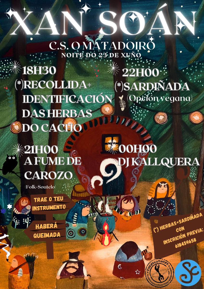 🔔Atención, atención🔔 

Xa temos preparada a noite de Xan Soán  no C. S. O Matadoiro 🔥 Tras o éxito do ano pasado, voltamos cunha noite chea de actividades 🙌

¡!Non esquezas o teu instrumento!! 🥁

Ven disfrutar con nós na noite máis máxica do ano 💫 ¡A QUEIMADA a pomos nós!😉