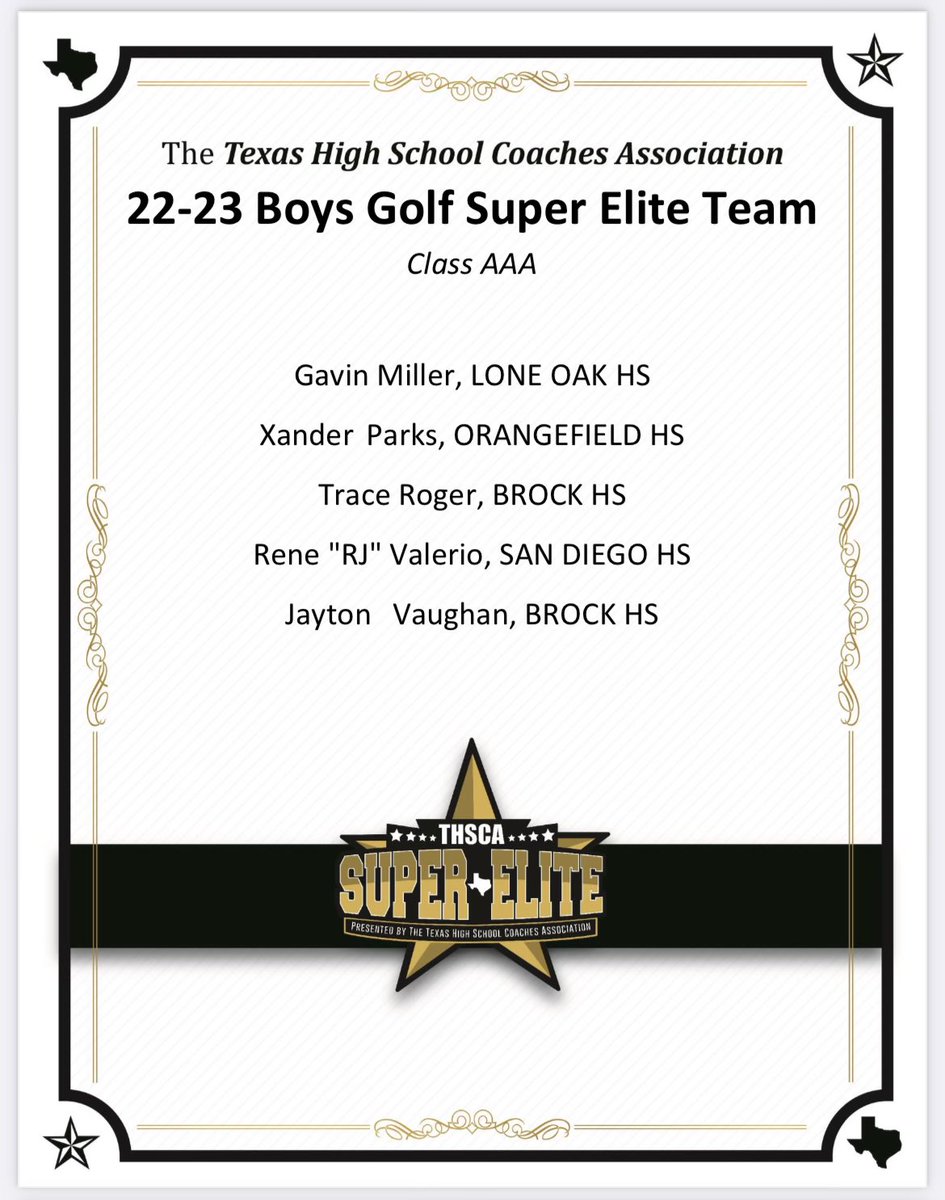 Congratulations to Jayton Vaughan and Trace Roger for earning a spot on the 22-23 THSCA Boys Golf 3A Super Elite Team