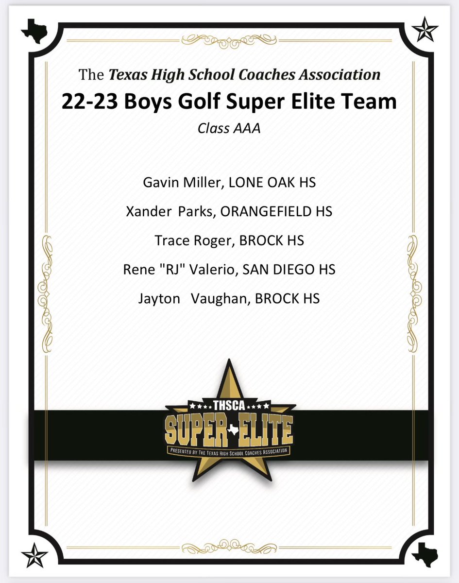 Congratulations to Jayton Vaughan and Trace Roger for earning a spot on the 22-23 THSCA Boys Golf 3A Super Elite Team