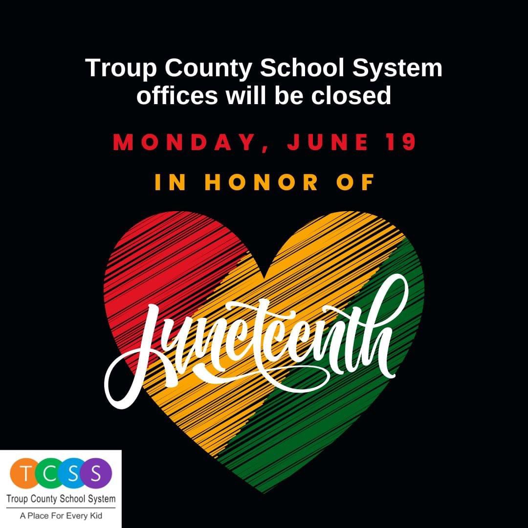 TCSS offices will be closed on Monday, June 19th. 

#aplaceforeverykid #tcss #Juneteenth